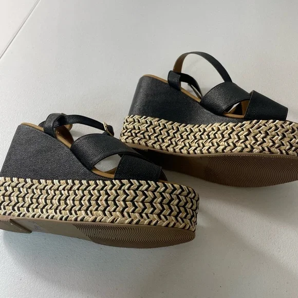 Nataly Mendez Black Platform Wedge Sandals Espadrille Size 7 Gold Heart - Picture 3 of 8